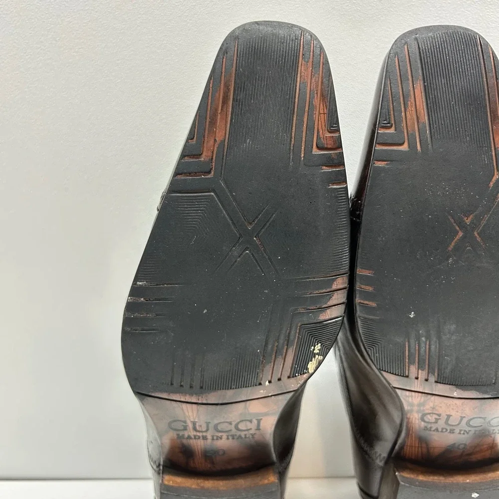 Gucci Mens Dark Brown Leather Square Toe Slip On Dress Shoes Made in Italy Sz 40
